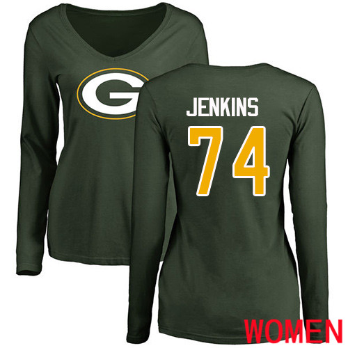 Green Bay Packers Green Women #74 Jenkins Elgton Name And Number Logo Nike NFL Long Sleeve T Shirt